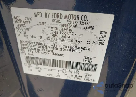 2007 Ford F-150 Fx4/Lariat/Xlt z USA, uszkodzony, nr VIN 1FTPW14VX7FB45692